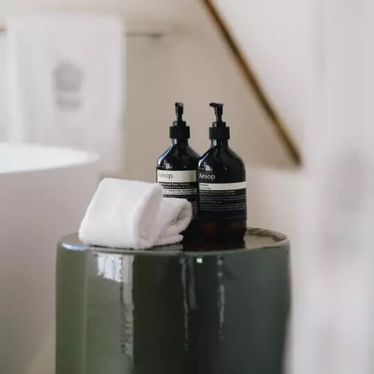 Two Aesop formulations on a green pedestal in a hotel bathroom.
